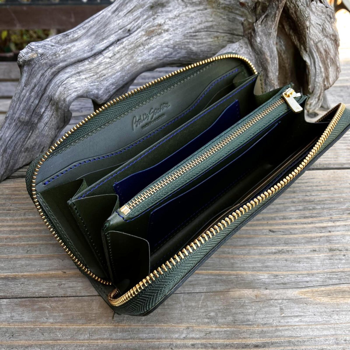 画像2: 【広島ジビエレザー】限定1点即納可能★青桐翠ジビエ鹿革＆牛革ラウンドファスナー長財布　青桐翠 (2)