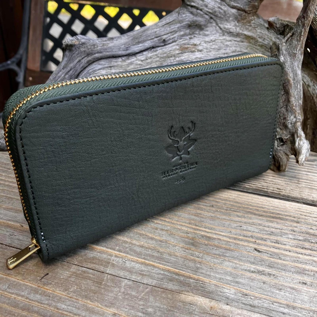 画像1: 【広島ジビエレザー】限定1点即納可能★青桐翠ジビエ鹿革＆牛革ラウンドファスナー長財布　青桐翠 (1)